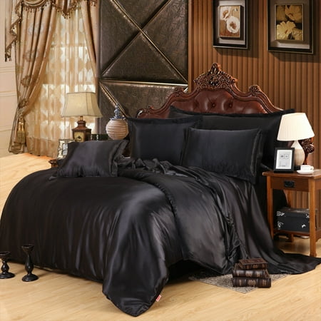 Silk Quilt Bedding 3Pcs/4Pcs Solid Color Imitated Silk Fabric Bedding Set Quilt Cover Pillowcase Bed Sheet black Twin Size 3 pcs ()