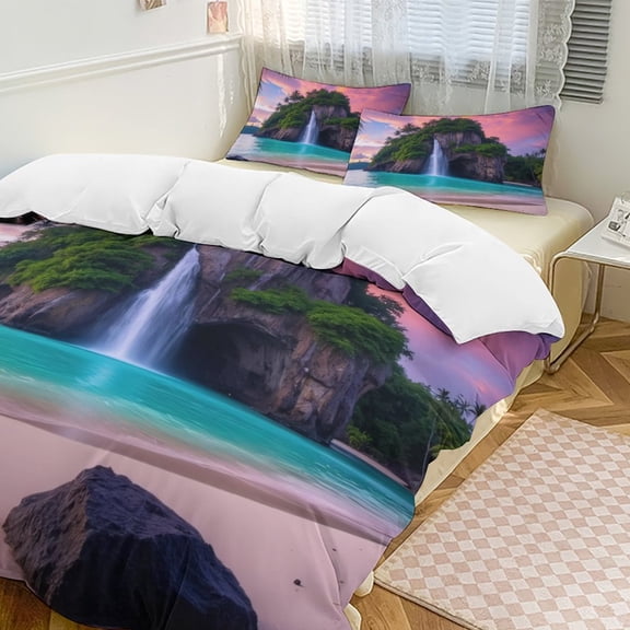 Tropical Island Sunset Waterfall Duvet Cover Set Themed Multicolor Polyester Bedding Set for Bedroom Decoration