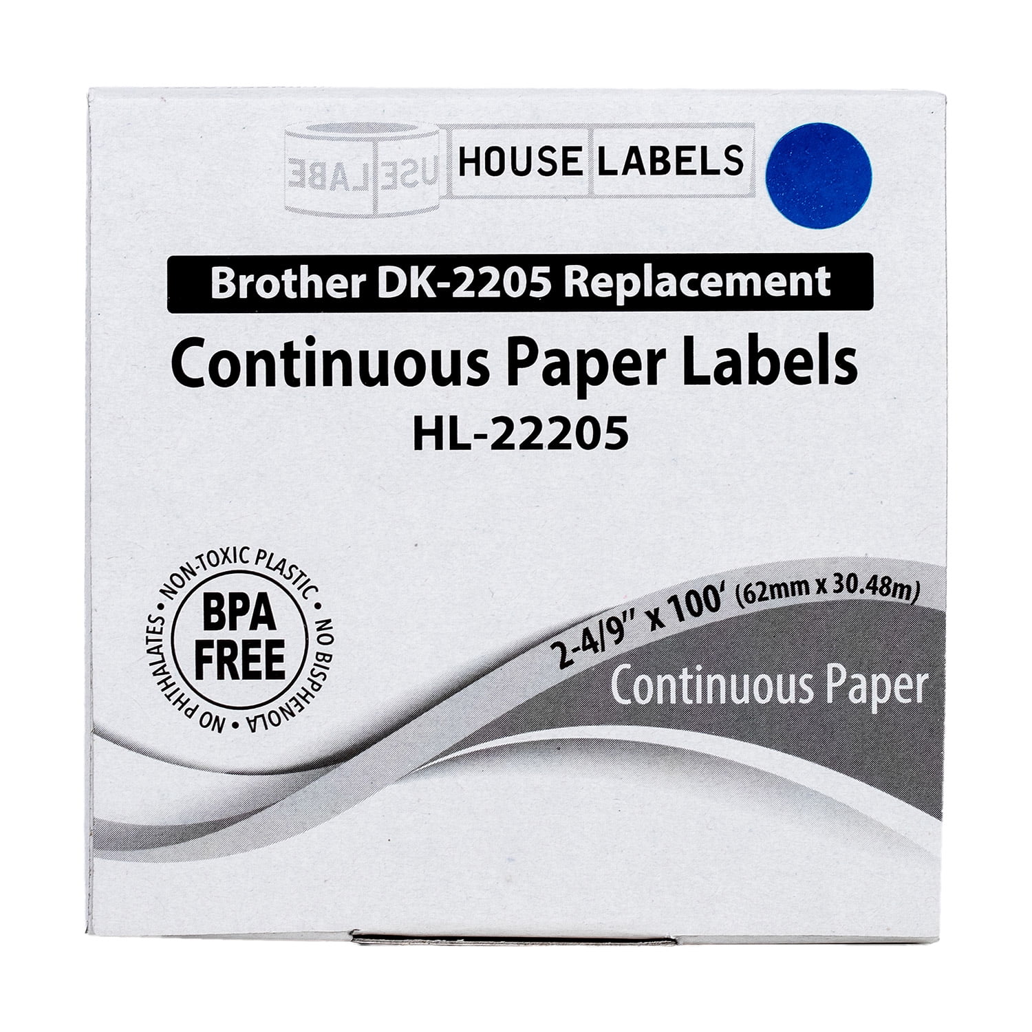 HOUSELABELS Compatible with DK-2205 Replacement Roll for Brother QL Label Printers; Blue White Red Green Continuous Length Labels; 2-4/9" x 100 feet (62mm*30.48m) - 4 Rolls