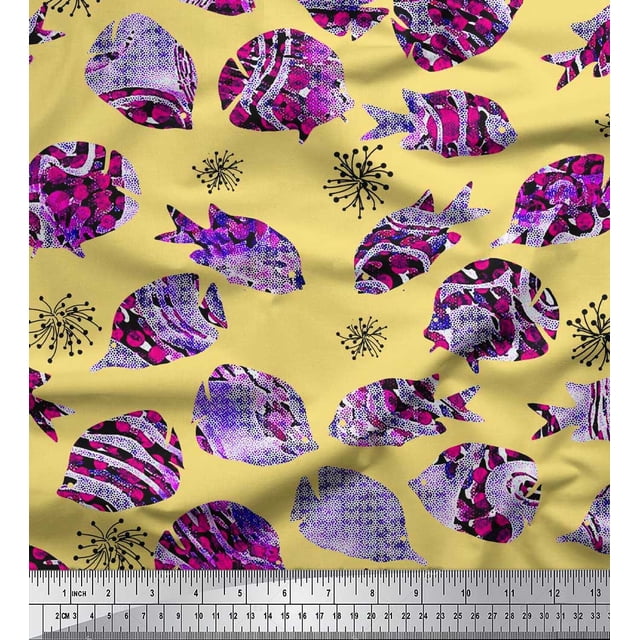 Soimoi Rayon Fabric Coral & Textured Fish Ocean Fabric Prints by Yard 42 Inch Wide