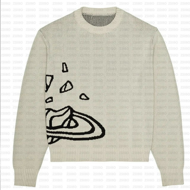 Summer American retro Harajuku simple style pullover broken planet letter jacquard knitted sweater
