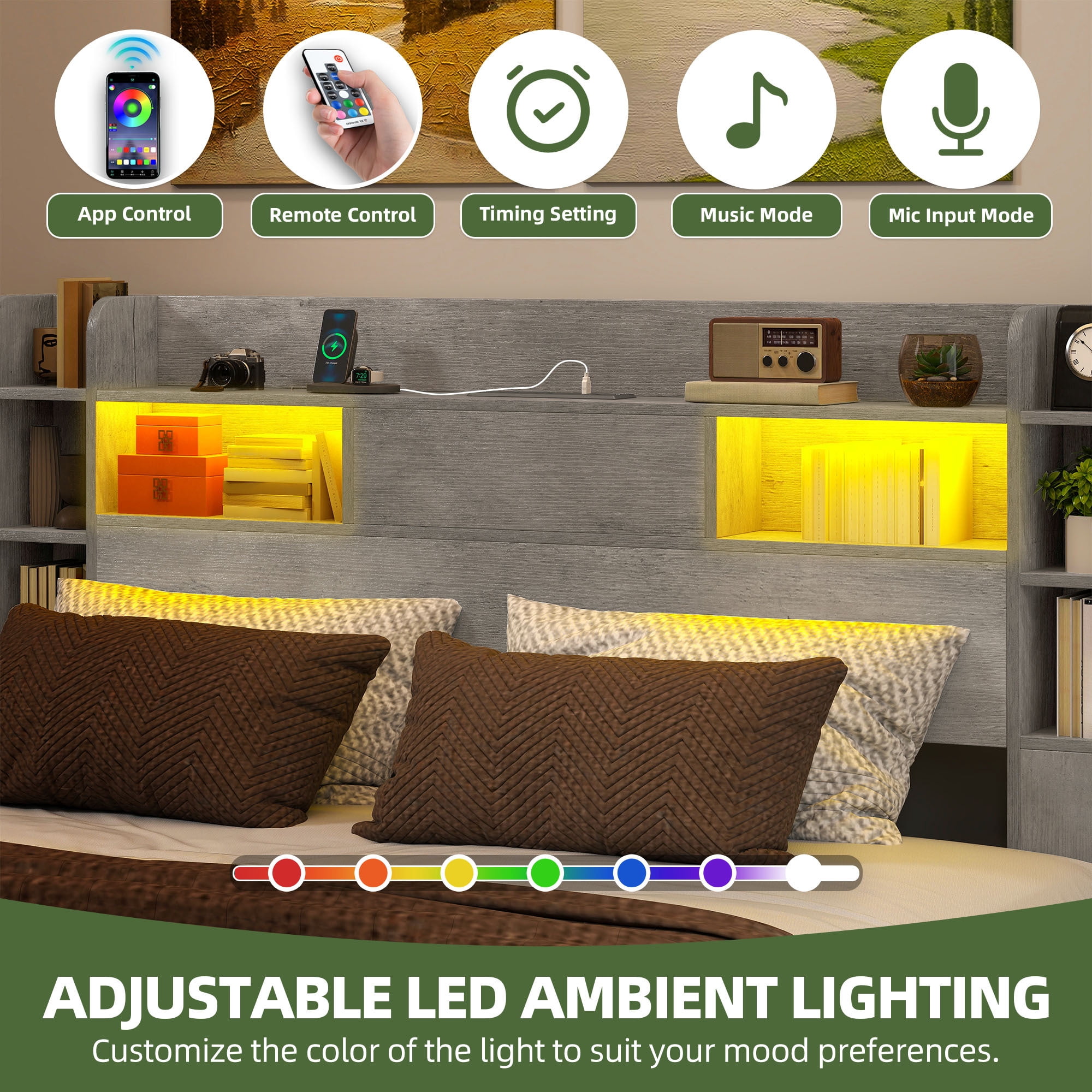 Uforic King Size Bed Frame with Bookcase Headboard, 4 Storage Drawers & RGB LED Lights (Grey, No Box Spring Needed)