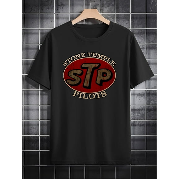 Men'S Casual Crew Neck T-Shirt, Vintage Band Print, Summer Knit Polyester Top, Regular Fit, Slight Stretch, Stone Temple Pilots Graphic Tee, Gift for Men