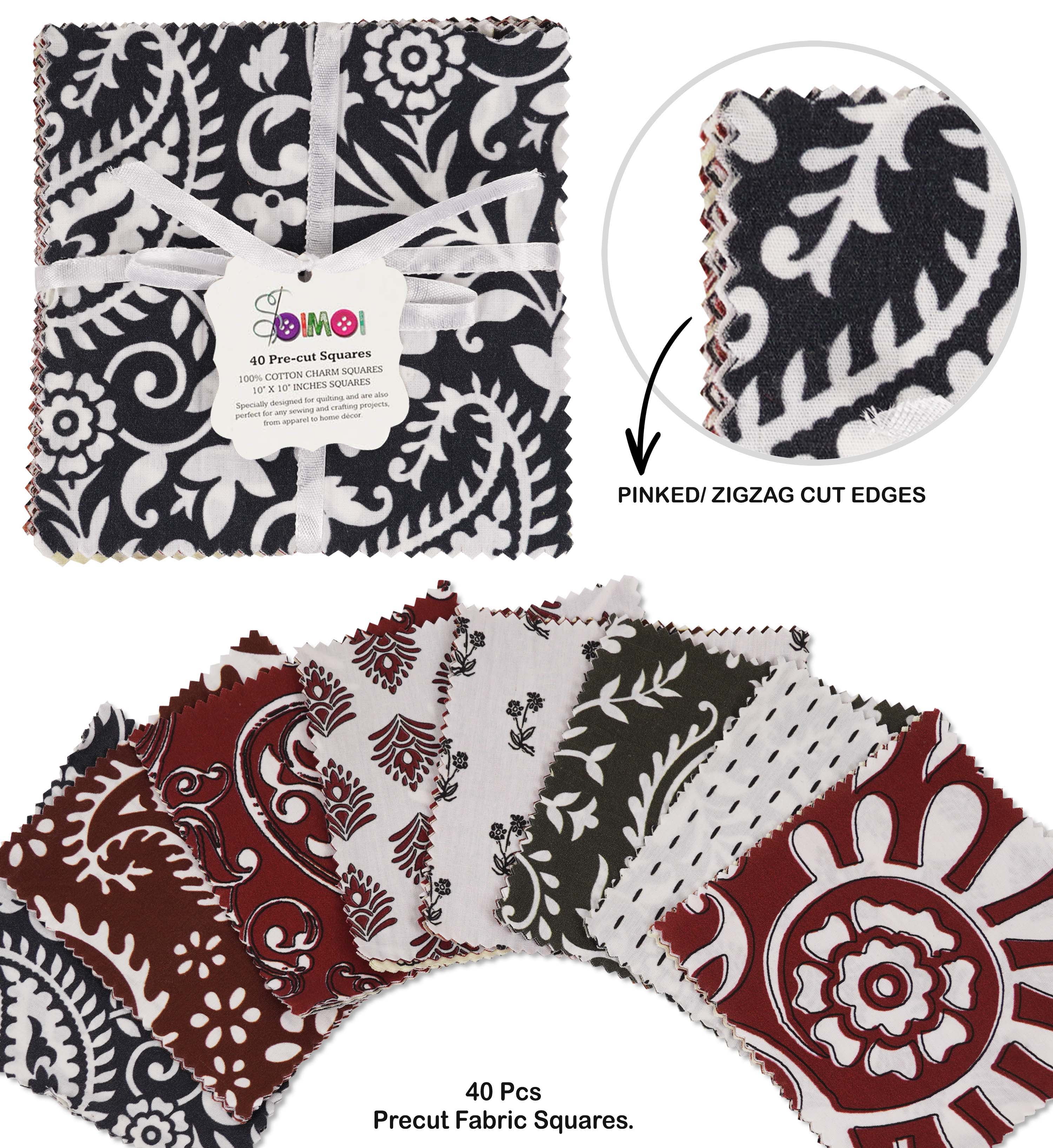 Soimoi Precut 10-inch Asian Block Prints Cotton Fabric Bundle Quilting Squares Charm Pack DIY Patchwork Sewing Craft- Maroon- White- Pale Yellow- Brown