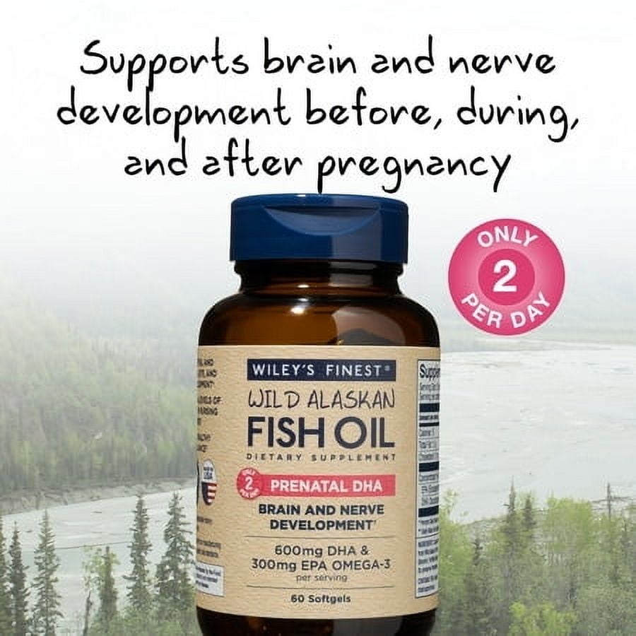 Wiley's Finest Wild Alaskan Fish Oil Prenatal DHA - 720mg EPA and DHA Omega-3s for Pregnant Women and Nursing Mothers - 60 Softgels (30 Prenatal Vitamin Servings)