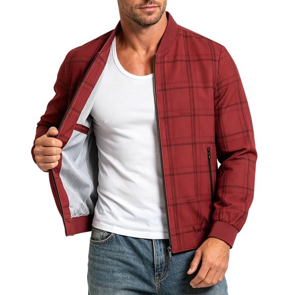 Guluxicc Men's Plaid Jackets with Zip Pockets Full Zipper Long Sleeve Baseball Jackets for Everyday Gym Workout Wear Summer Fall Casual Jackets