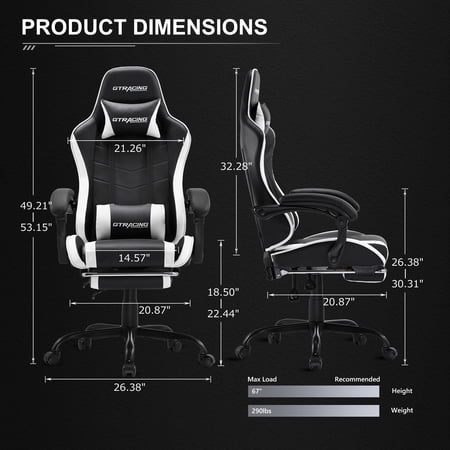 GTRACING ERGONOMIC GTWD-200 GAMING AND OFFICE CHAIR WITH ADJUSTABLE PILLOWS AND FOOTREST, WHITE