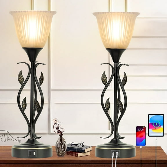 Set of 2 Touch Control Table Lamps, 3-Way Dimmable Torchiere Bedside Lamps with Dual USB Charging Ports, Leaf Body and Glass Shade Retro Lamps for Living Room, Bedroom, LED Bulb Included