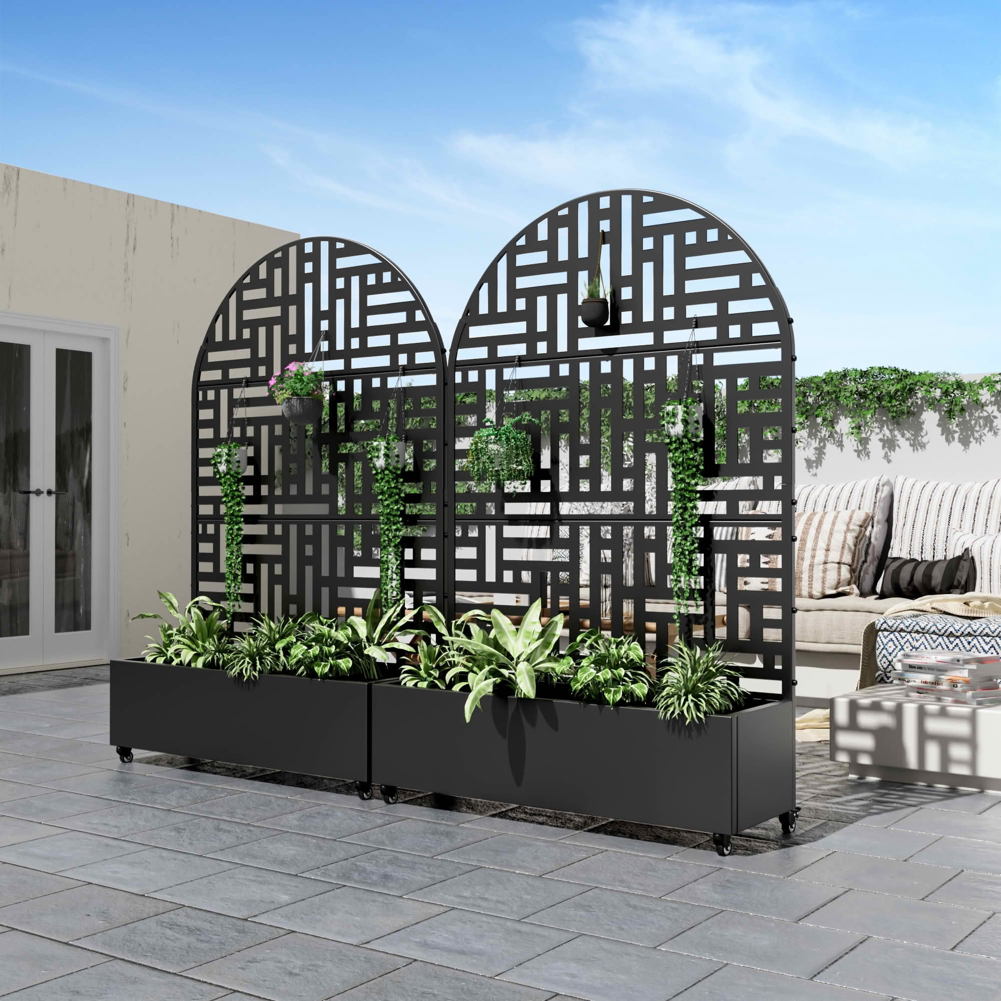 MAYEERTY 72x47x16 Inch Black Metal Arched Planter Box with Trellis, 3 Piece Set for Outdoor Garden & Patio