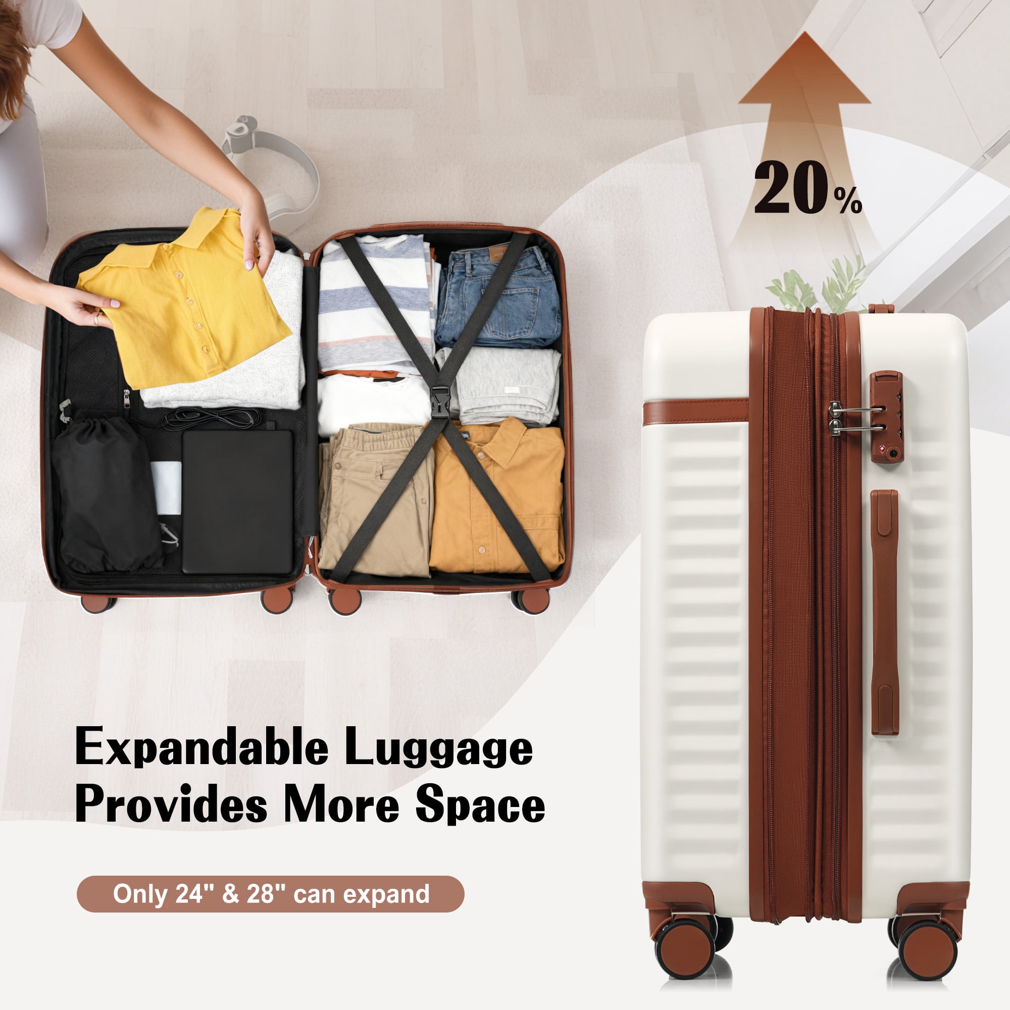 Euroco 3 Piece Front Opening Luggage Set, Hardshell Expandable Carry on Suitcase with Spinner Wheels,USB Port & TSA Lock, Lightweight Luggage for Travel,20in/24in/28in,White