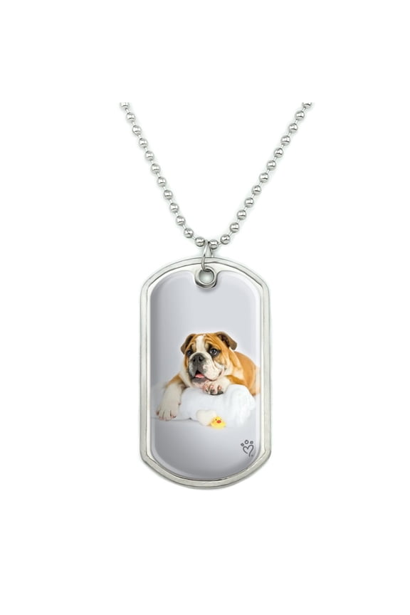 British Bulldog Puppy Dog Bath Towel Rubber Duck Military Dog Tag Pendant Necklace with Chain