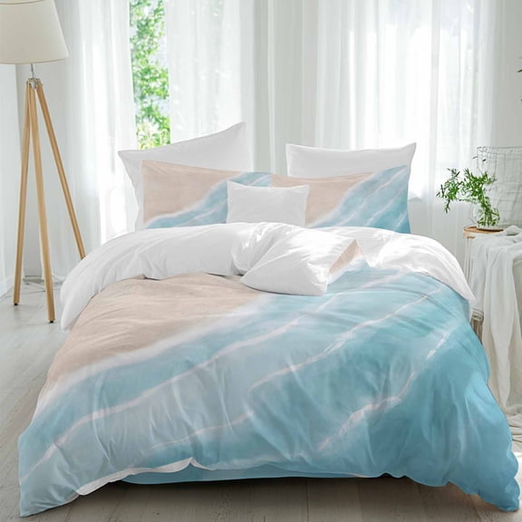 Summer Blue Beach Wave Queen Size Comforter Set, Coastal Nautical Watercolor Gradient Ocean Bedding for All Seasons, 4 Pcs Bed Set, 1Quiltcover (90"x92") ,1Sheet(94"x116"), 2Pillowcases (30"x20")