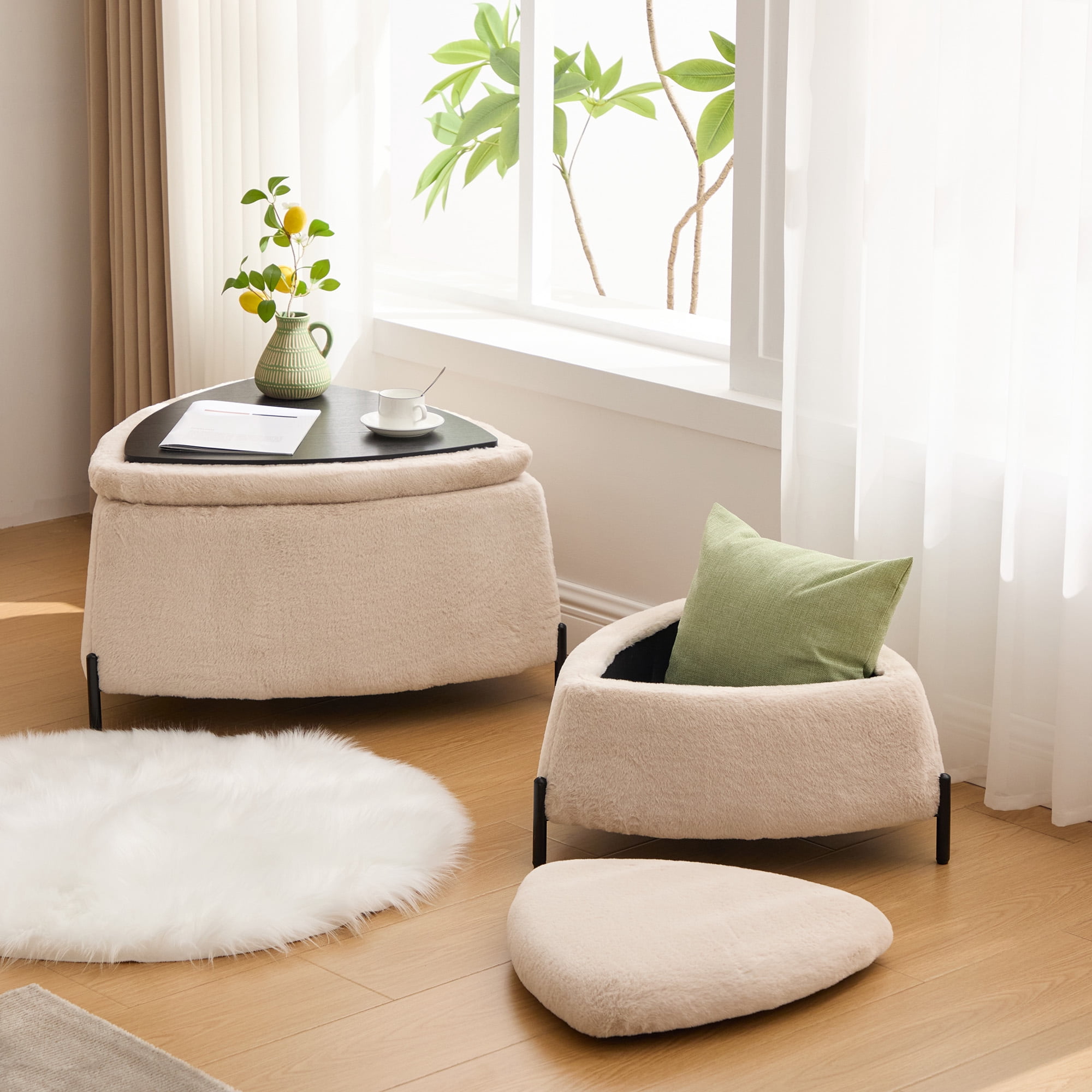 Ottoman Set, Light Camel Faux Fur 2-Piece Set with Large Ottoman Featuring Reversible Wooden Tray Lid and Small Hidden Ottoman, for Footrest, Coffee Table, Seating