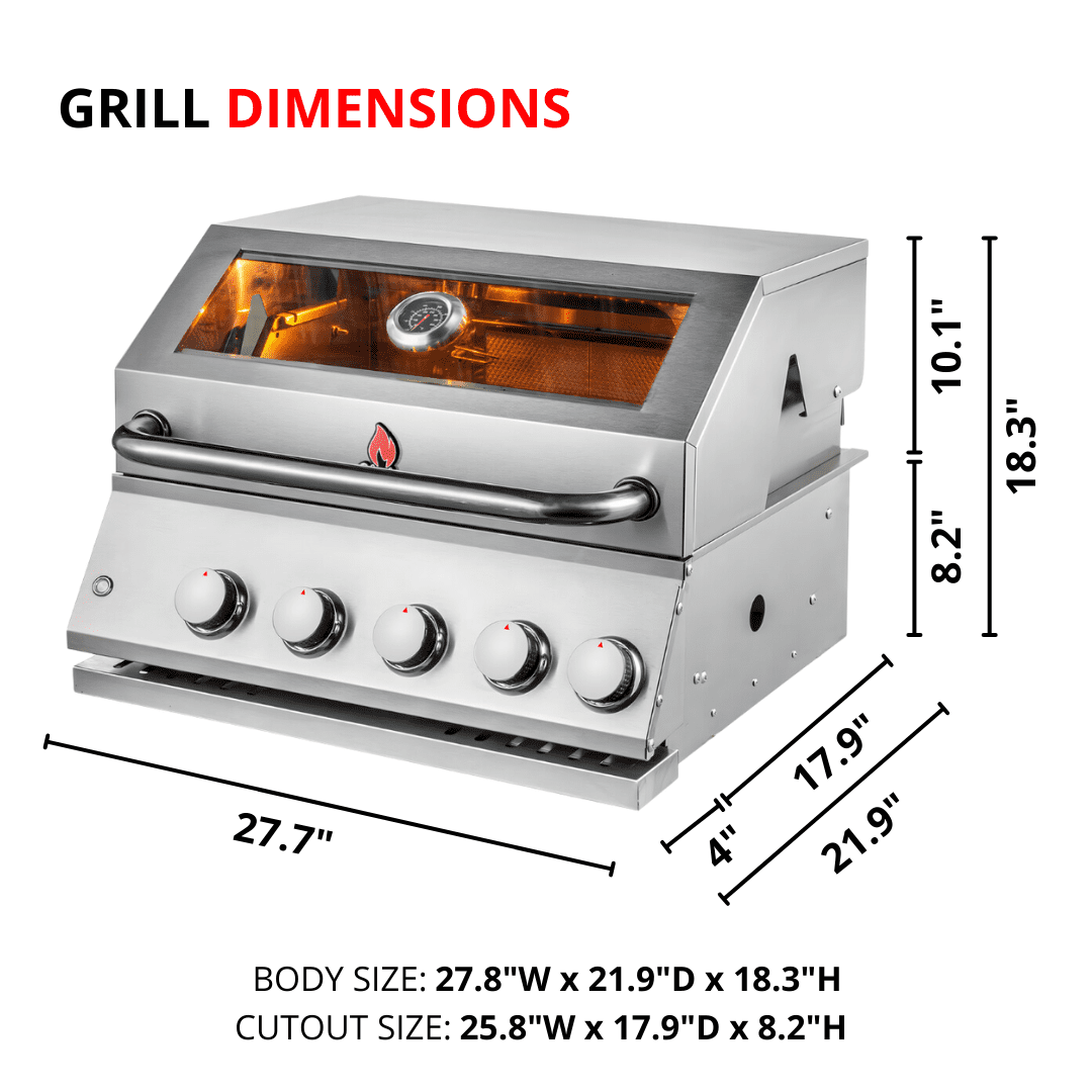 Chaleur Grill, Built in Gas Grill 28" Glass View 4-Burner Propane/Natural Gas with Rear Infrared Burner & Lights, 50,000 BTU, Stainless Steel