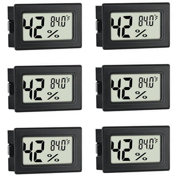 6 Pack Mini Digital Thermometer Hygrometer,1.9x2.9x0.65In Humidity Meters,Black Mini Digital Thermometer Humidity Gauge Meter for Humidors,Greenhouse,Garden