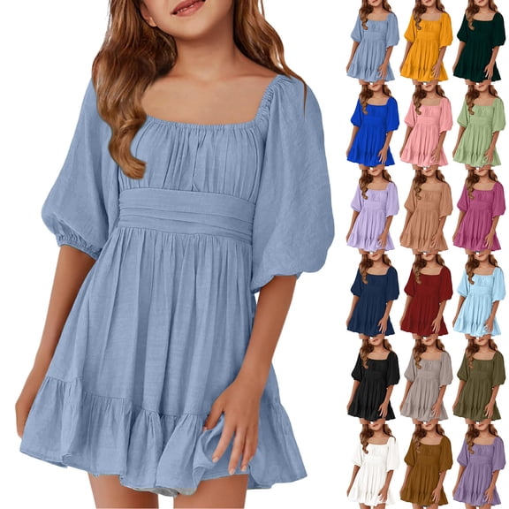 CCRFTGI Summer Dresses for Kids Girls Size 10-12 Casual Dress Tie Backless Square Neck Ruffle Birthday A-Line Mini Dress Navy 11-12 Years