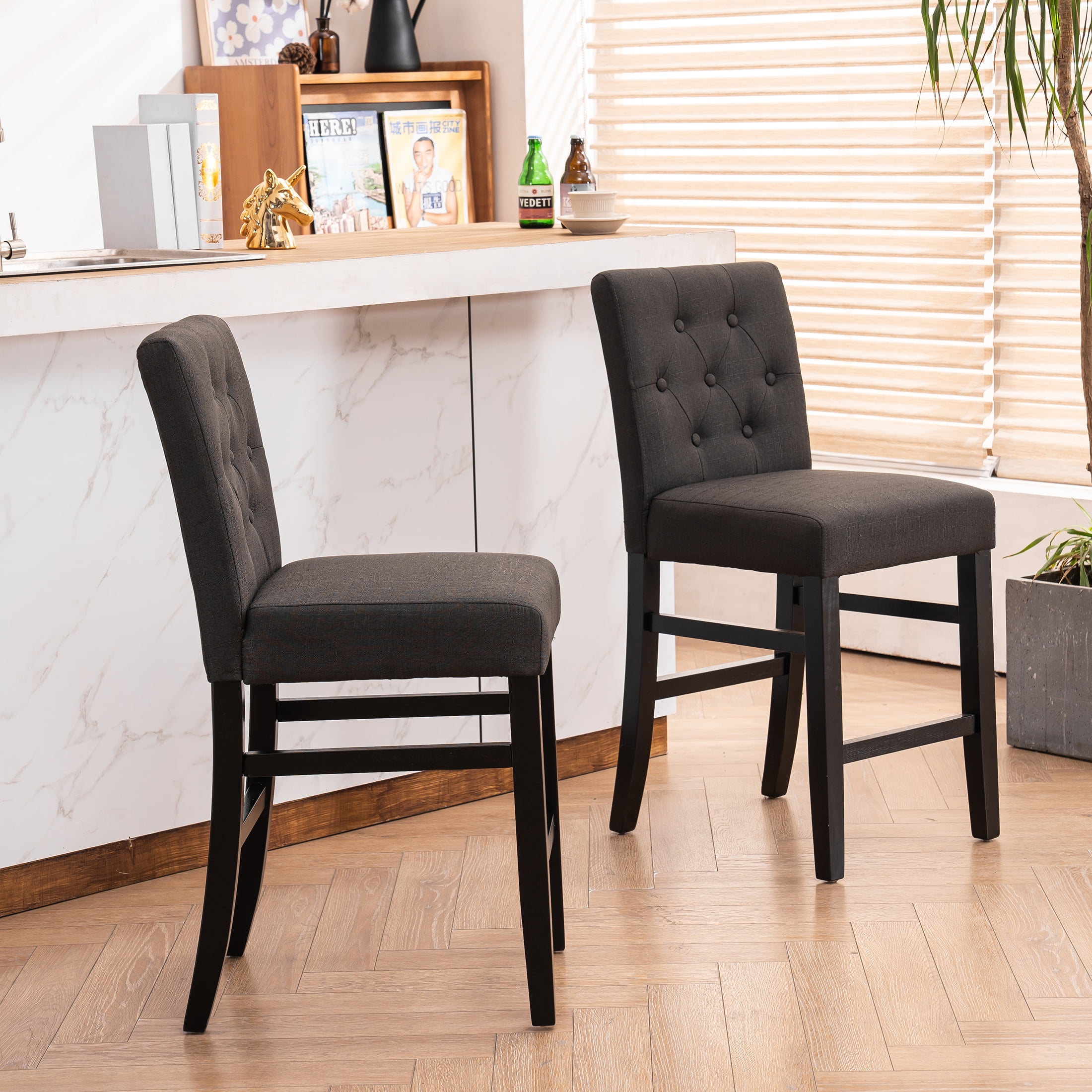 Homy Grigio Charcoal Fabric Tufted Modern Upholstered 24 inch Bar Stools with Full Back and Black Solid Wood Legs sets of 4