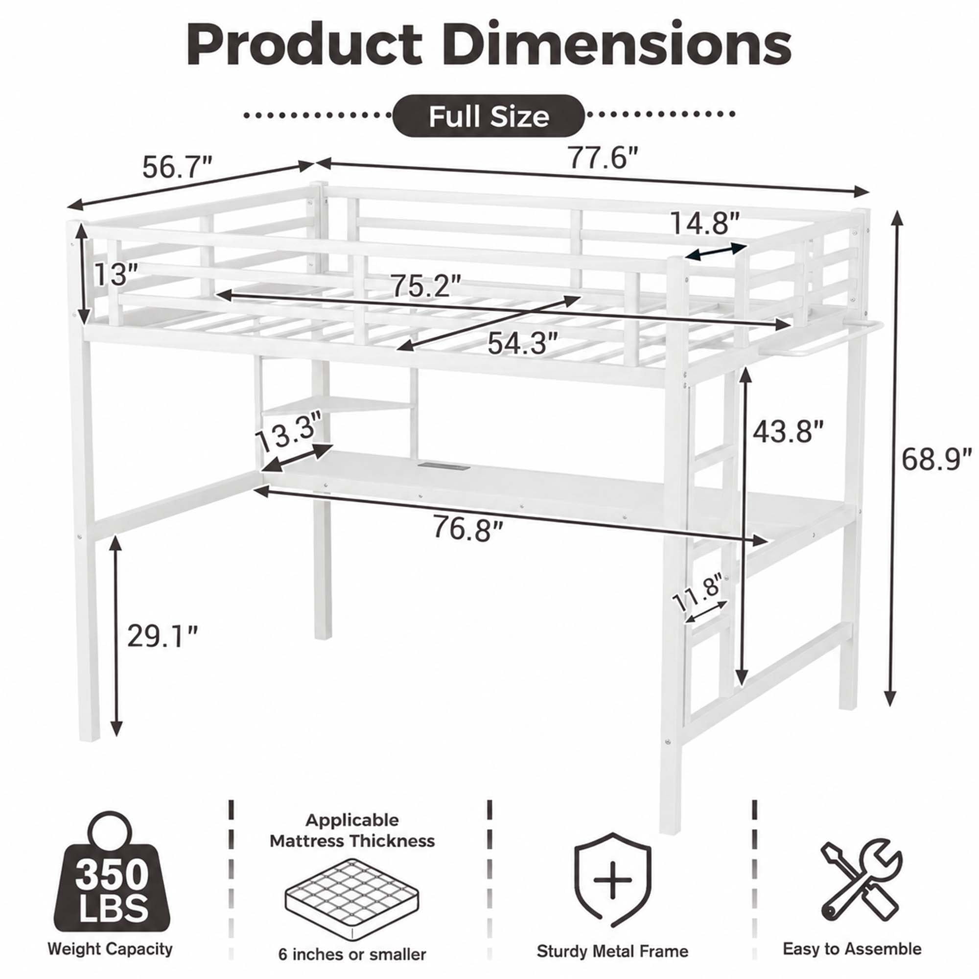Miniyam Full Size Metal Loft Bed with Desk and Storage Shelf,Charging Station and LED Lights,White
