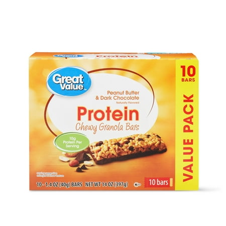 Great Value Protein Chewy Granola Bars, Peanut Butter & Dark Chocolate, 14 oz, 10