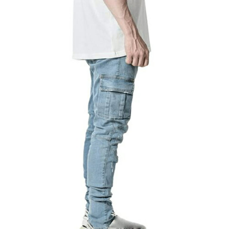 Yievot Jean Cargo Pants For Men Clearance Side Multiple Pocket Trousers  with Zipper Placket Trendy Skinny Long Pants Blue L 