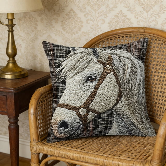 Funda de almohada de peluche de caballo de 45 x 45 cm | Bonita decoración bordada para sofá, dormitorio y sala de estar | Funda de almohada cuadrada de poliéster suave