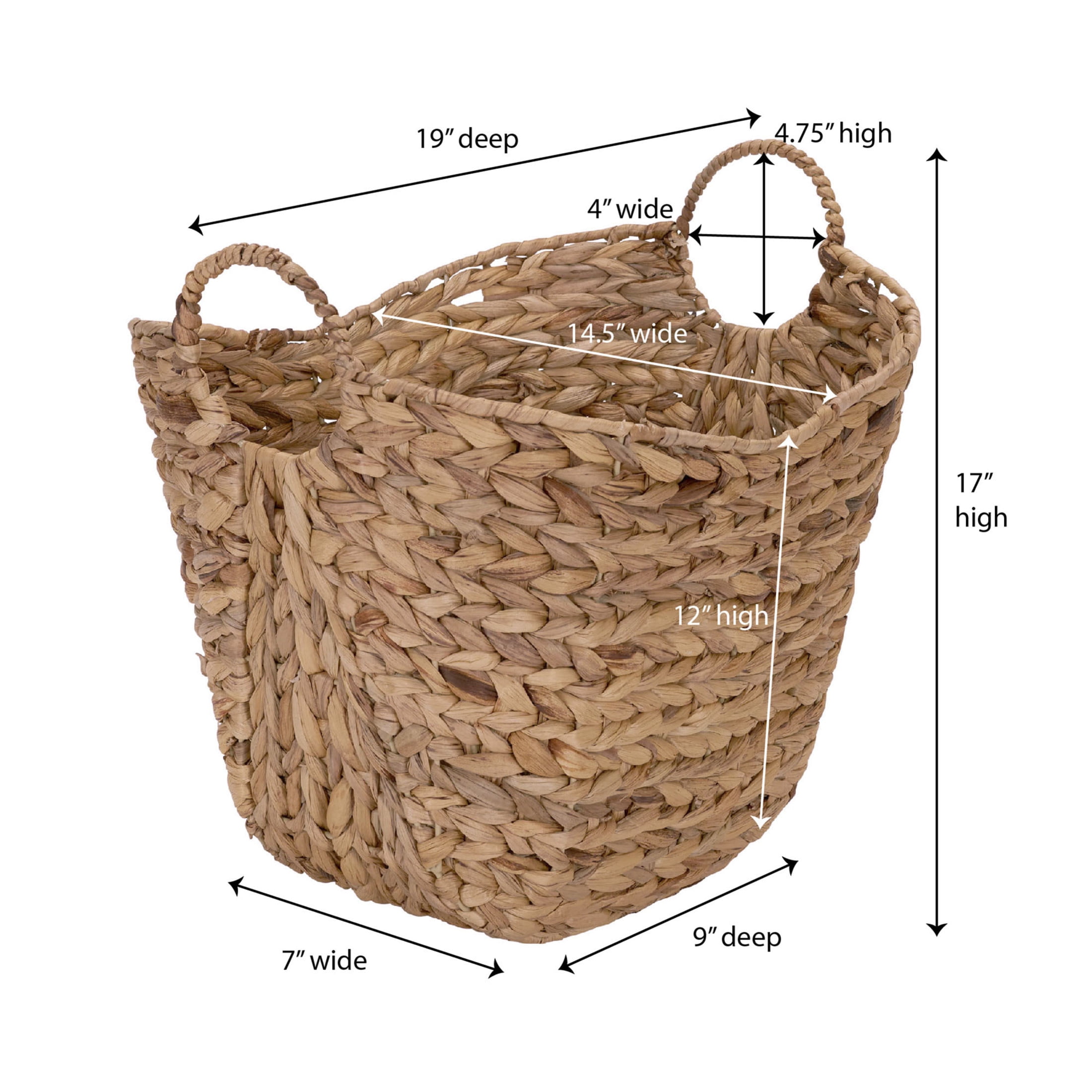 Household Essentials Water Hyacinth Basket with Handles, Natural Woven Wicker Storage Basket, Great for Decoration or Organization