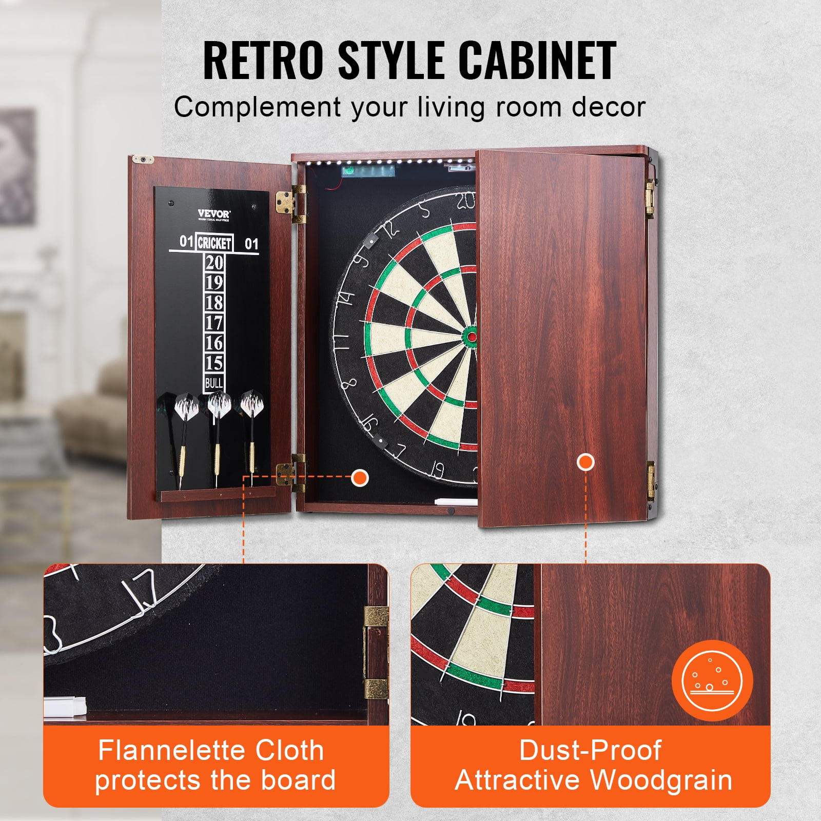 VEVOR Dartboard and Cabinet Set, Ready-to-Play Bundle Official Size Dartboard Cabinet, Steel Tip Dart Hideaway Cabinet, Features LED Light, Easy Assembly,Complete with All Accessory,for Cricket Game
