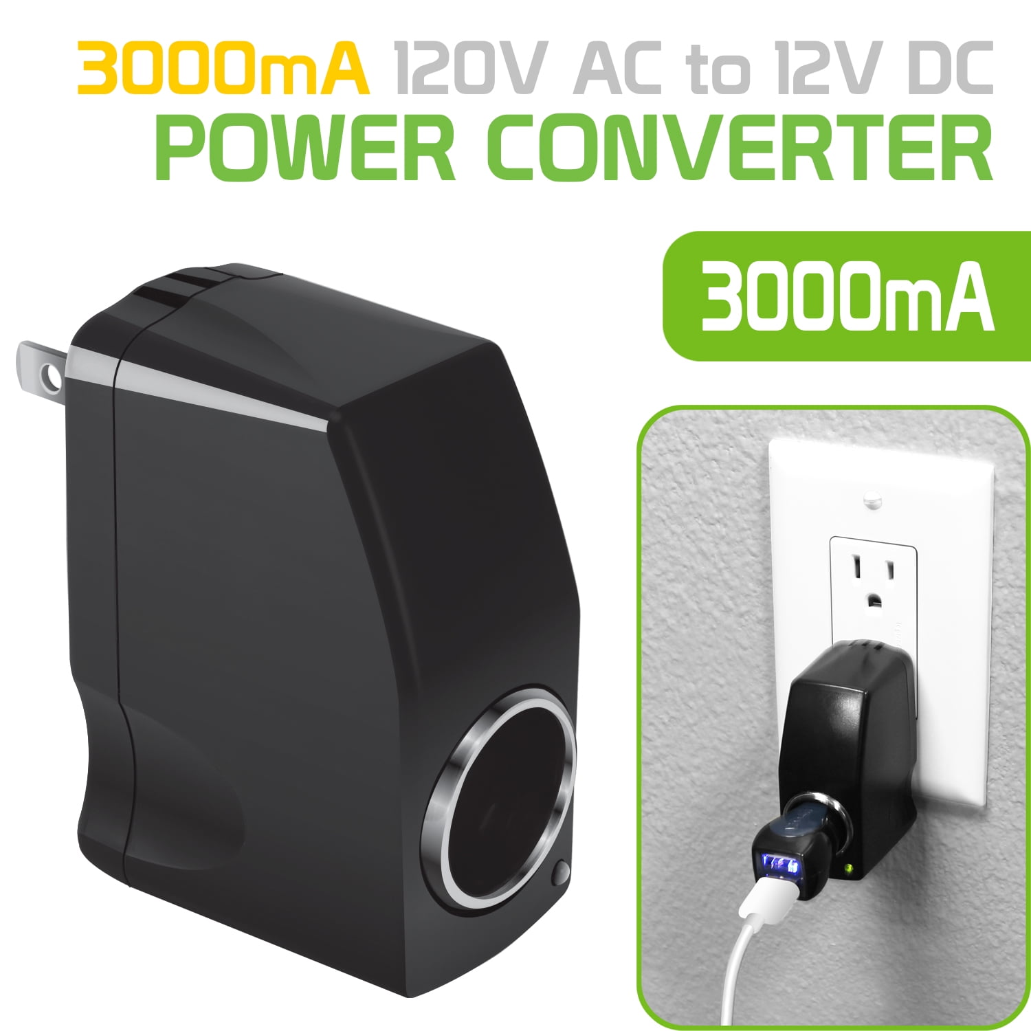 Cellet AC to DC Power Converter; 120V/110V AC to 12V DC 3-Amp 3000mA Car Cigarette Lighter Socket Power Adapter