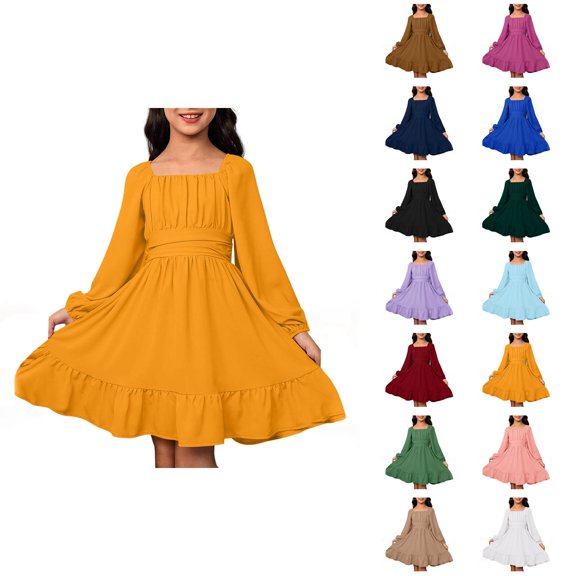 Girls Midi Dresses Puff Sleeve A Line Dress Waist Cinched Casual Dress for Vacation Daily Wear Summer Outfit for Girls