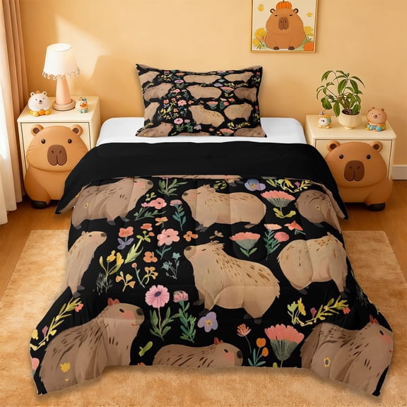 Erosebridal Capybara Twin Comforter Sets,Rustic Plant Pink Flowers Bedding Set For Girls Kids ,Reversible Black 2-Piece