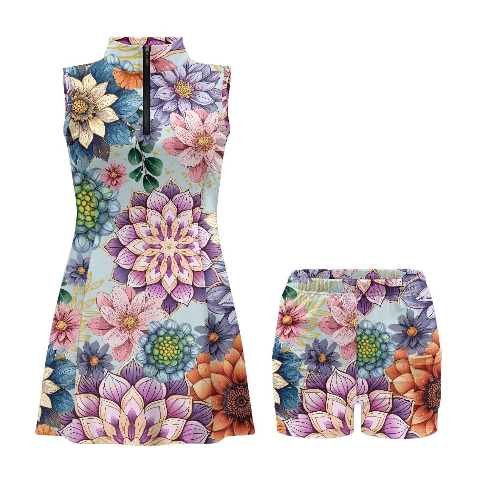 Yuyamidu Boho Mandala Floral Golf Dress for Women Elastic Workout Dress Polyester Womens Golf Clothes Size XS Build in Shorts with Pockets Summer Outfits