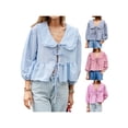 thumbnail image 4 of Aojekbee Women's Summer Sweet Shirt Plaid Print Lantern Long Sleeve Doll Collar Bow Tie-Up Front Loose Peplum Tops, 4 of 10