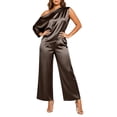 thumbnail image 2 of AHTJRT Silk Satin Outfits for Women One Shoulder One Sleeve Tops and Flowy Wide Leg Pants Casual Outfits Two Piece Summer Vacation Business Sets Coffee XXL, 2 of 7