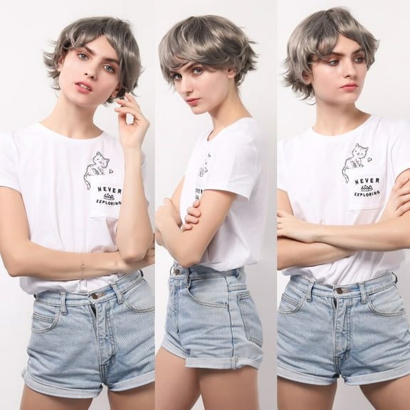 DOPI Human Hair Wigs For Women Black Color Natural Lace Hair Women Party Sexy Short Grey Sexy Wig Wavy Hairstyle Synthetic