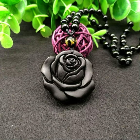 HOOUN Genuine Black Obsidian Necklace Carved Rose Healing Stone Jewelry for Women