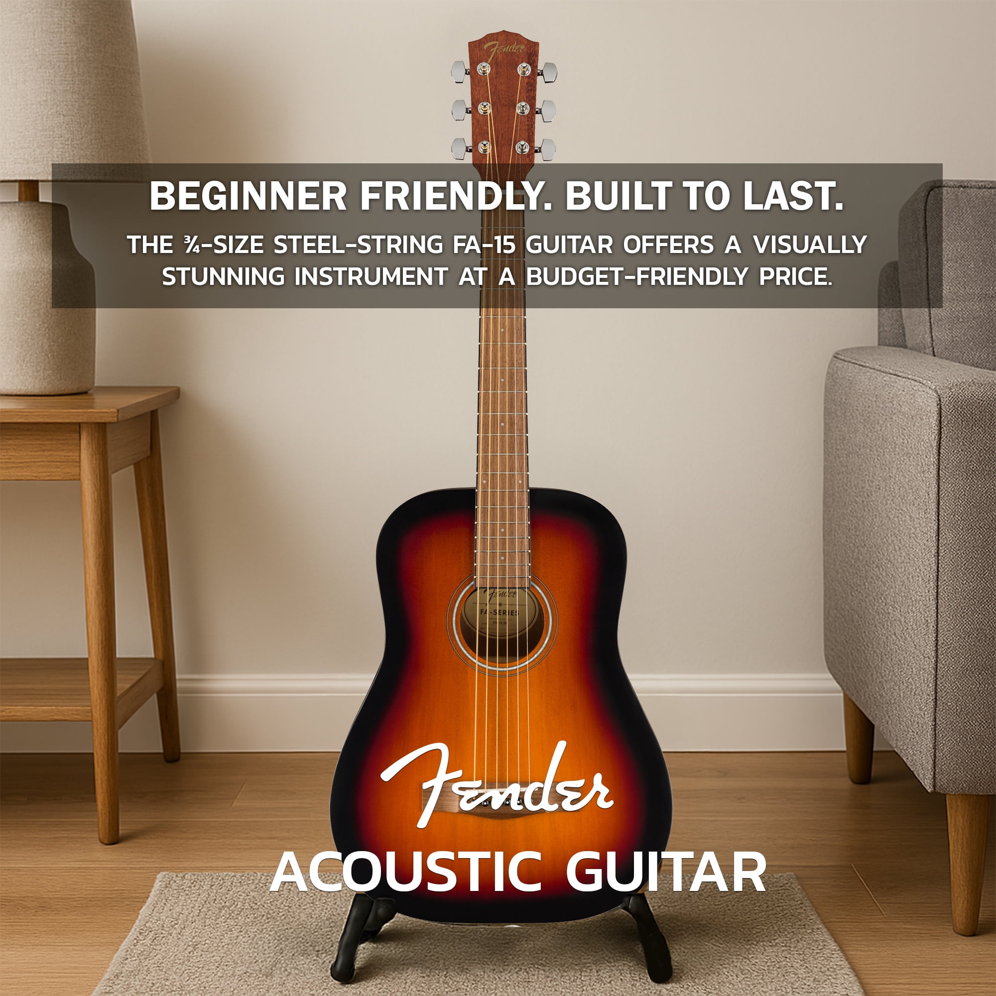 Fender FA-15 3/4-Scale Kids Steel String Acoustic Guitar - Sunburst w/ Gig Bag
