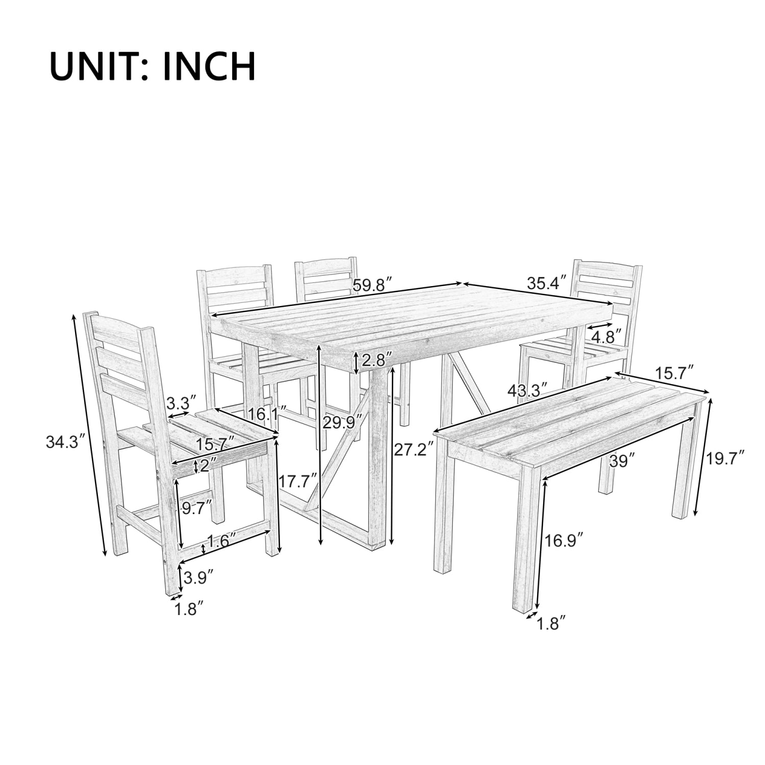 Harper & Bright Designs 6 Piece Acacia Wood Outdoor Patio Dining Set, Natural Wood