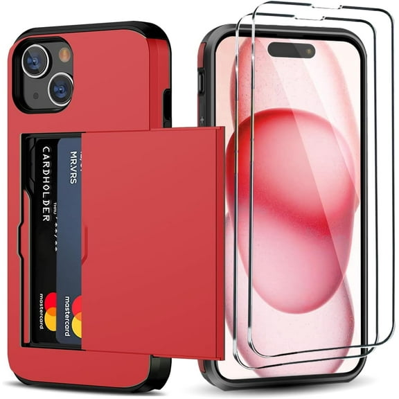 for iPhone 15 Wallet Case with Card Holder   2 Tempered Glass Screen Protector Heavy Duty Protective Dual Layer Shockproof Hidden Card Slot Slim Case Women Men 6.1 inch (Red)