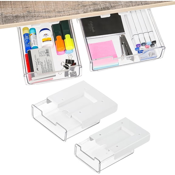 Under Desk Drawer (Pack of 2) - Clear Adhesive Drawers Extendable for Home & Office