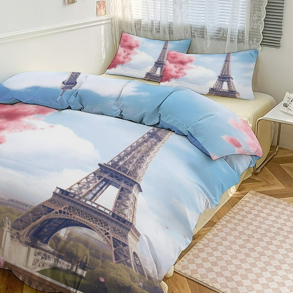3PCS Eiffel Tower Duvet Cover Set Twin, 1 Duvet Cover And 2 Pillowcase, Duvet Cover for Kids Girls Boys And Teens