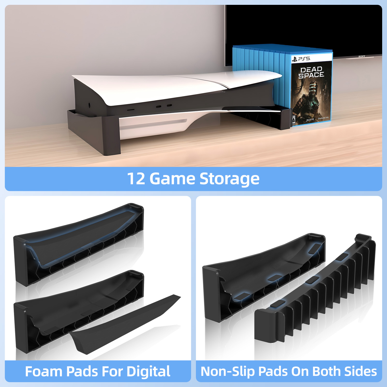 Base horizontal para consola PS5 Slim y Pro, sostiene 12 discos de juegos, compatible con PlayStation 5 Slim/Pro ediciones de disco y digital, negro 7
