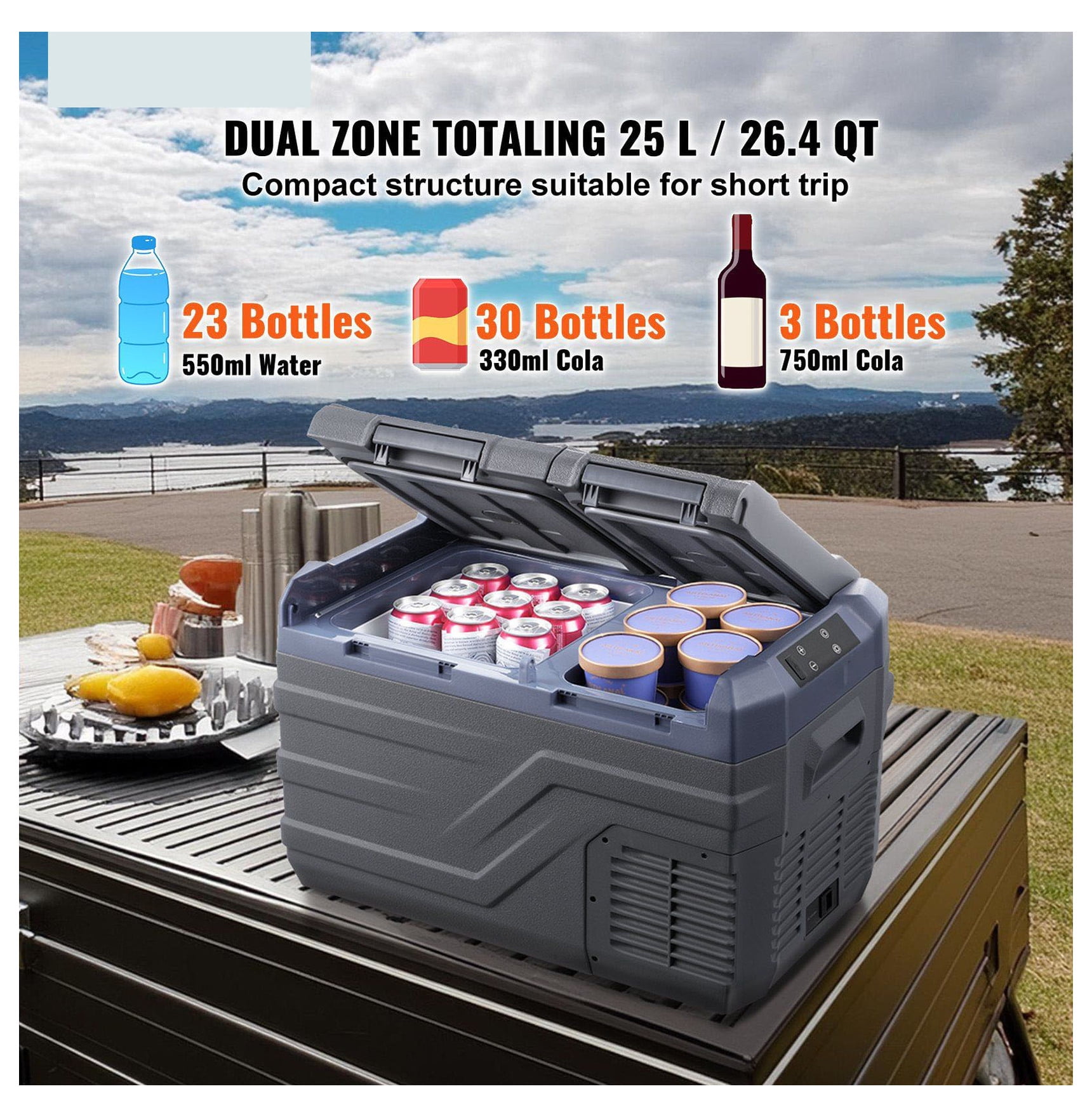 Portable Car Refrigerator Freezer 25L, Dual Zone Compressor Fridge for Car, RV, Home - Rapid Cooling, Bluetooth Control, -4°F to 68°F