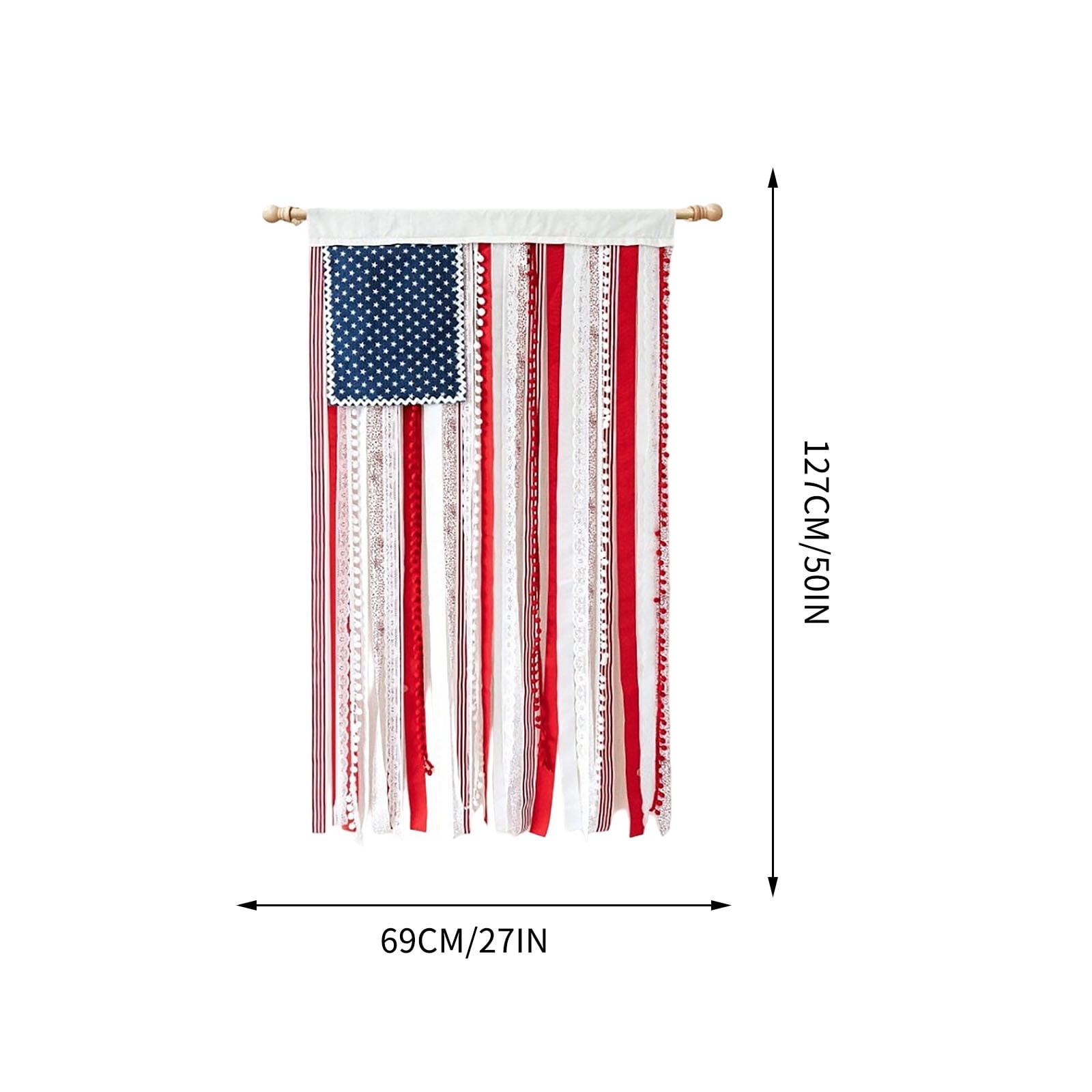 Lighted Rag American Flag Banner, 27×50in Independence Day Fringed Drapery Blue Star Flag, 1776 Decorative Hanging String Lights Flag, for Outdoor Garden Yard Home Party Decoration