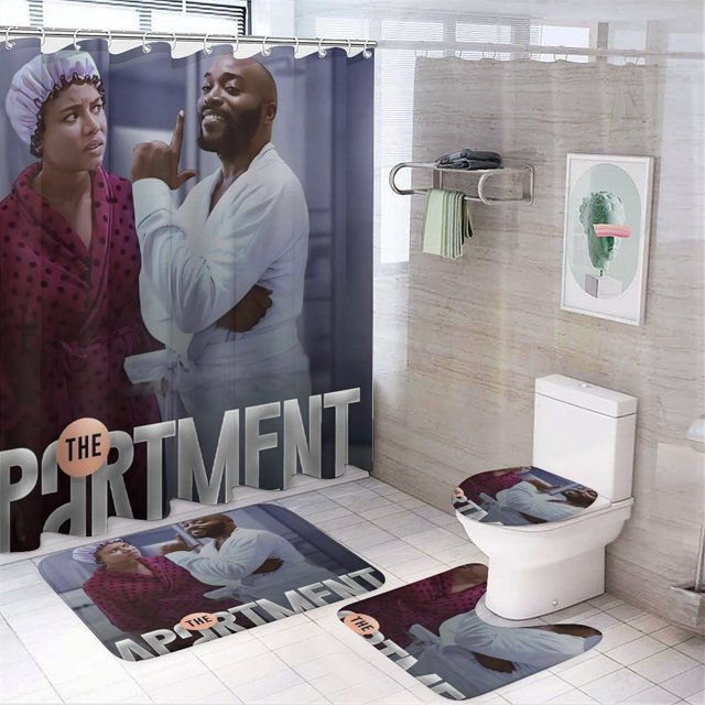 El apartamento-theme 4-Piece Shower Curtain Set with Rugs, Waterproof Bathroom Decor Set Includes Bath Mat, U-Shaped Rug, Toilet Lid Cover and Curtain with Hooks