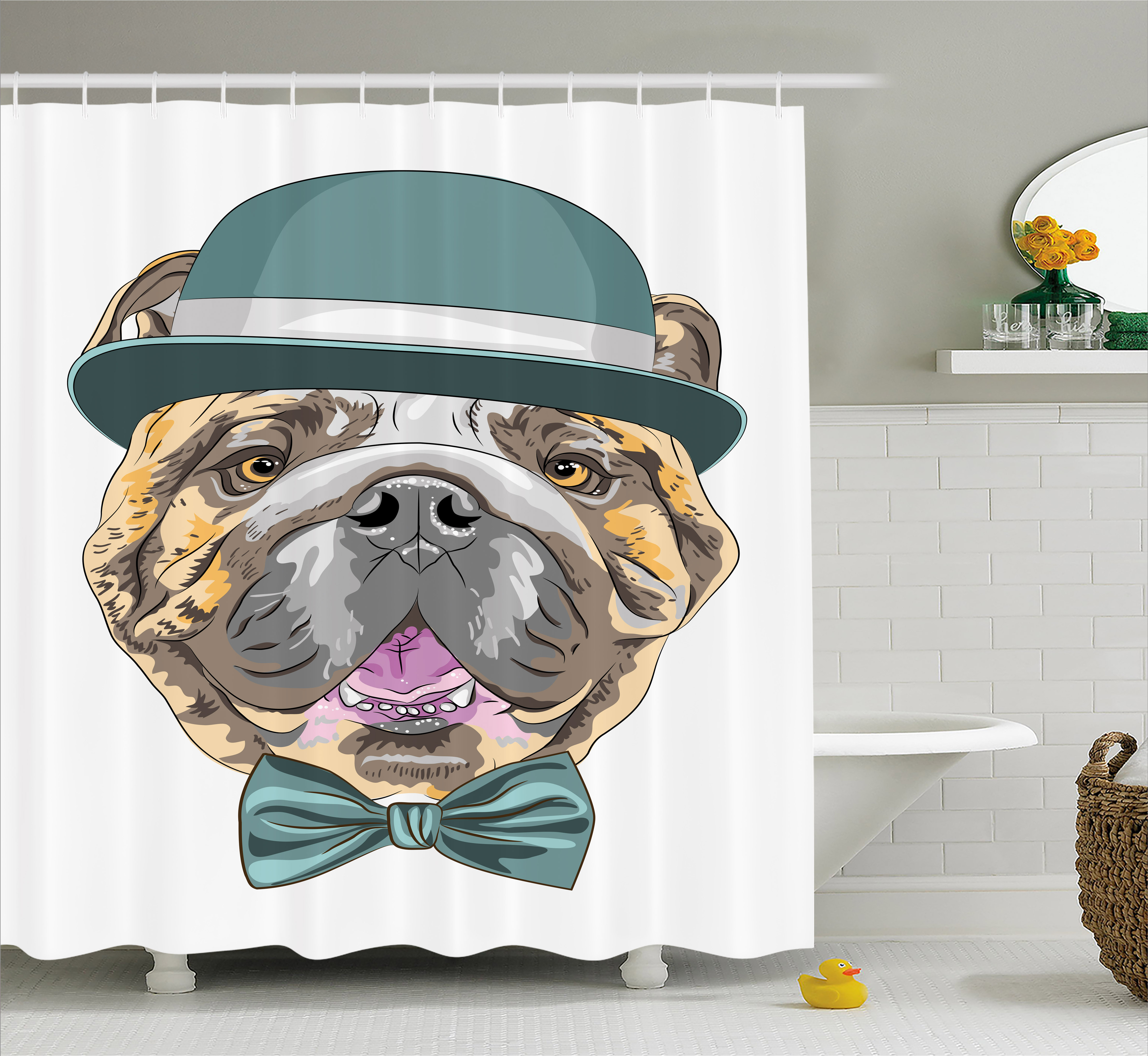 English Bulldog Shower Curtain, Dog in a Hat and Bow Tie Animal Design