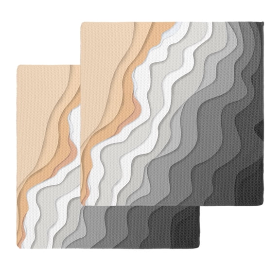 Grey Geometric Beach Kitchen Dish Towels for Drying Dishes Set of 2, Ombre Waves Moire Abstract Art Waffle Weave Microfiber Hand Tea Bathroom Towels Quick Dry & Absorbent Towel 12x12