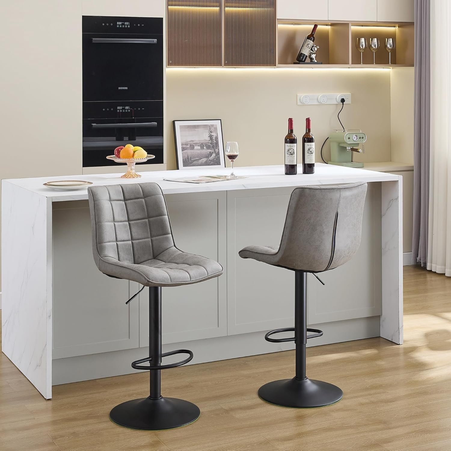 FIRAVOE Bar Stools Set of 2, Swivel Bar Height Bar Stools with Back (Adjustable 24"-33") Faux Leather Barstools Bar Chairs for Kitchen Island, Gray