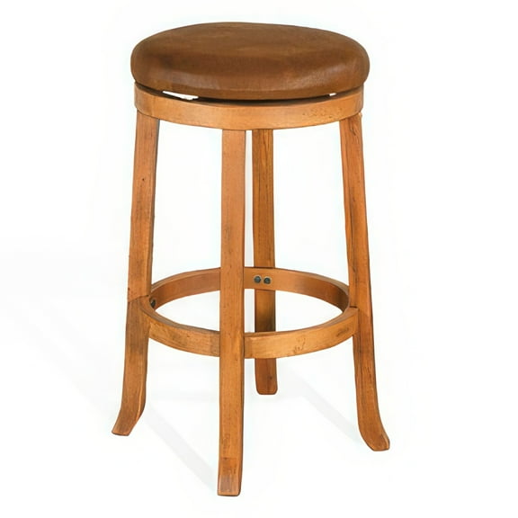 Marv Swivel Barstool Set of 2, Brown Faux Leather, Mahogany Wood