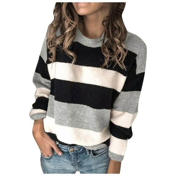Womens Sweater Stripe Color Block Long Sleeve Crewneck Casual Knitted Trendy Outfits