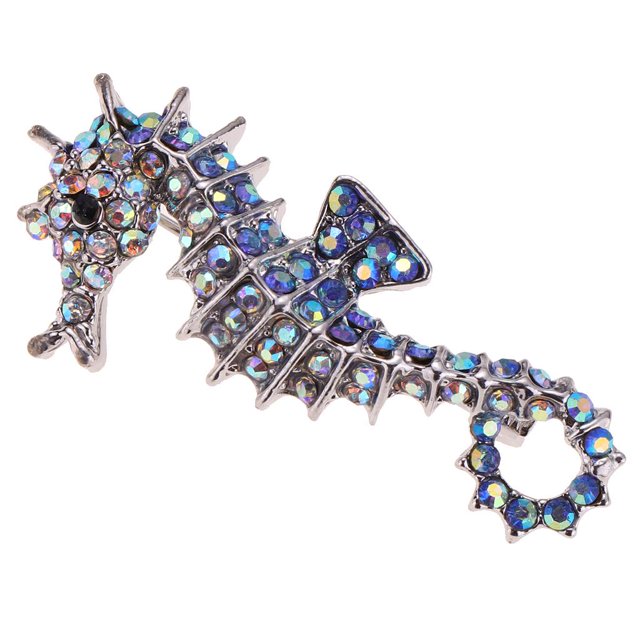 Broche de aleación con forma de caballito de mar de cristal para mujer Azul